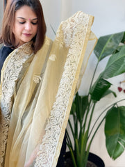 Beige Organza dupatta with Lucknowi Handwork