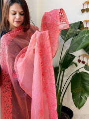 Peachish Pink Organza dupatta with Lucknowi Handwork