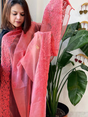 Peachish Pink Organza dupatta with Lucknowi Handwork