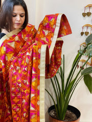 Orange Designer Phulkari Dupatta in Khaddar Cotton