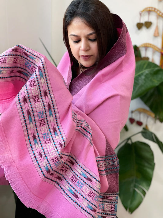 Pink Woven Kullu Woollen Shawl