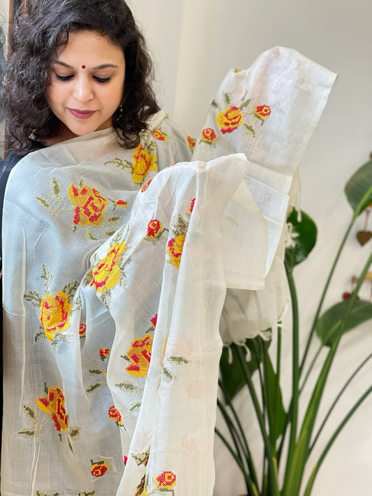 Tussar Silk Dupatta with cross-stitch embroidery