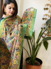 Yellow Handpainted Kalamkari Dupatta with Thread & Mirror Handwork in Chanderi Silk