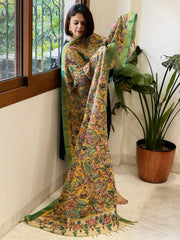 Yellow Handpainted Kalamkari Dupatta with Thread & Mirror Handwork in Chanderi Silk
