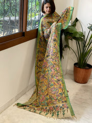 Yellow Handpainted Kalamkari Dupatta with Thread & Mirror Handwork in Chanderi Silk