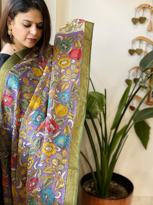 Purple Handpainted Kalamkari Dupatta with Thread & Mirror Handwork in Chanderi Silk