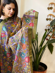 Purple Handpainted Kalamkari Dupatta with Thread & Mirror Handwork in Chanderi Silk