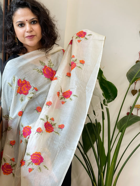 Tussar Silk Dupatta with cross-stitch embroidery