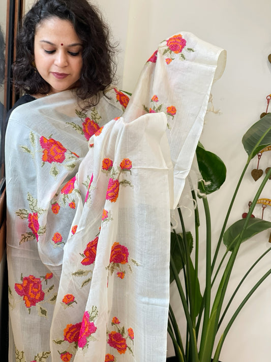 Tussar Silk Dupatta with cross-stitch embroidery