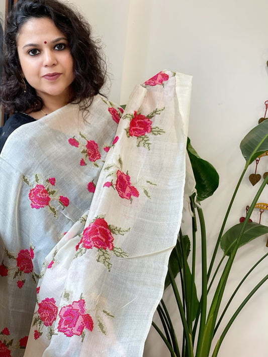 Tussar Silk Dupatta with cross-stitch embroidery