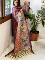 Pink Handpainted Kalamkari Dupatta with Thread & Mirror Handwork in Chanderi Silk