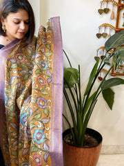 Orange Handpainted Kalamkari Dupatta with Thread & Mirror Handwork in Chanderi Silk