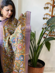 Orange Handpainted Kalamkari Dupatta with Thread & Mirror Handwork in Chanderi Silk