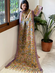 Orange Handpainted Kalamkari Dupatta with Thread & Mirror Handwork in Chanderi Silk