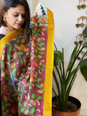 Maroon Handpainted Kalamkari Dupatta with Thread & Mirror Handwork in Chanderi Silk