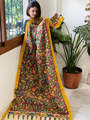 Maroon Handpainted Kalamkari Dupatta with Thread & Mirror Handwork in Chanderi Silk