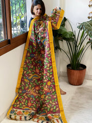 Maroon Handpainted Kalamkari Dupatta with Thread & Mirror Handwork in Chanderi Silk