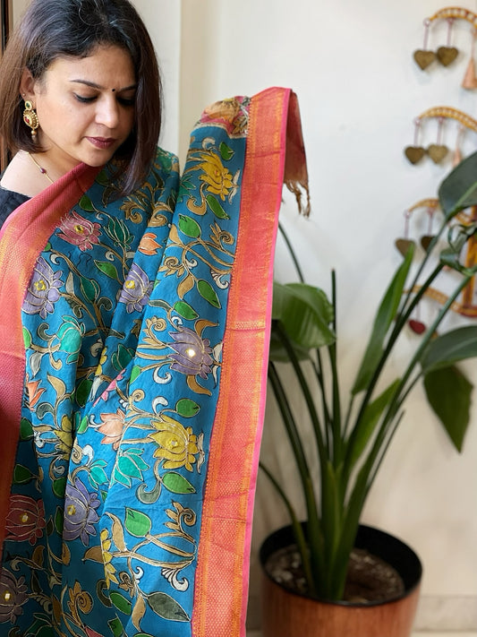 Blue Handpainted Kalamkari Dupatta with Thread & Mirror Handwork in Chanderi Silk