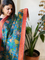 Blue Handpainted Kalamkari Dupatta with Thread & Mirror Handwork in Chanderi Silk