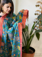 Blue Handpainted Kalamkari Dupatta with Thread & Mirror Handwork in Chanderi Silk