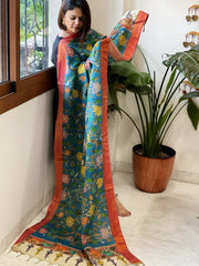 Blue Handpainted Kalamkari Dupatta with Thread & Mirror Handwork in Chanderi Silk