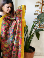 Pink Handpainted Kalamkari Dupatta with Thread & Mirror Handwork in Chanderi Silk