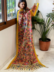 Pink Handpainted Kalamkari Dupatta with Thread & Mirror Handwork in Chanderi Silk