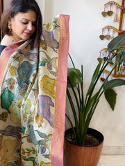 Beige Handpainted Kalamkari Dupatta with Thread & Mirror Handwork in Chanderi Silk