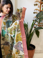 Beige Handpainted Kalamkari Dupatta with Thread & Mirror Handwork in Chanderi Silk