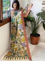 Beige Handpainted Kalamkari Dupatta with Thread & Mirror Handwork in Chanderi Silk
