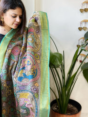Grey Handpainted Kalamkari Dupatta with Thread & Mirror Handwork in Chanderi Silk