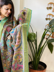 Grey Handpainted Kalamkari Dupatta with Thread & Mirror Handwork in Chanderi Silk