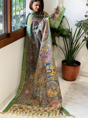 Grey Handpainted Kalamkari Dupatta with Thread & Mirror Handwork in Chanderi Silk