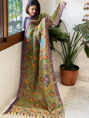 Green Handpainted Kalamkari Dupatta with Thread & Mirror Handwork in Chanderi Silk