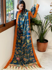 Blue Handpainted Kalamkari Dupatta with Thread & Mirror Handwork in Chanderi Silk