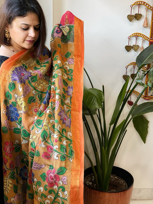 Orange Handpainted Kalamkari Dupatta with Thread & Mirror Handwork in Chanderi Silk