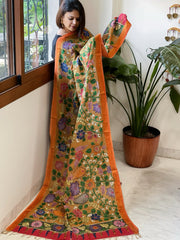 Orange Handpainted Kalamkari Dupatta with Thread & Mirror Handwork in Chanderi Silk