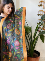 Grey Handpainted Kalamkari Dupatta with Thread & Mirror Handwork in Chanderi Silk