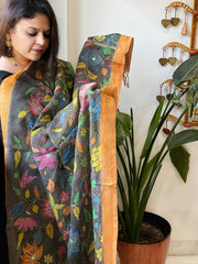 Grey Handpainted Kalamkari Dupatta with Thread & Mirror Handwork in Chanderi Silk