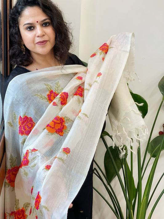 Tussar Silk Dupatta with cross-stitch embroidery