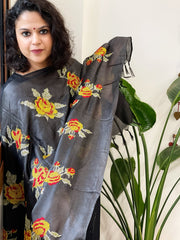 Black Tussar Silk Dupatta with cross-stitch embroidery