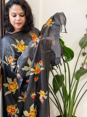 Black Tussar Silk Dupatta with cross-stitch embroidery