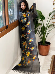 Black Tussar Silk Dupatta with cross-stitch embroidery