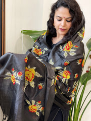 Black Tussar Silk Dupatta with cross-stitch embroidery