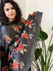 Black Tussar Silk Dupatta with cross-stitch embroidery