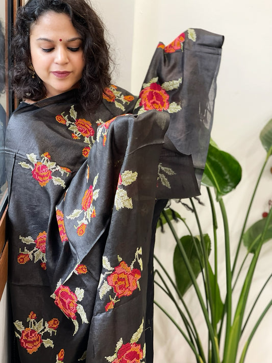 Black Tussar Silk Dupatta with cross-stitch embroidery