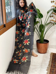 Black Tussar Silk Dupatta with cross-stitch embroidery