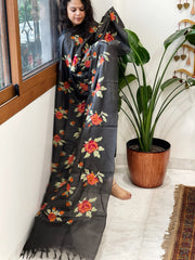 Black Tussar Silk Dupatta with cross-stitch embroidery
