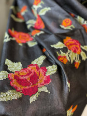 Black Tussar Silk Dupatta with cross-stitch embroidery
