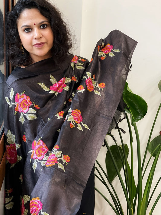 Black Tussar Silk Dupatta with cross-stitch embroidery